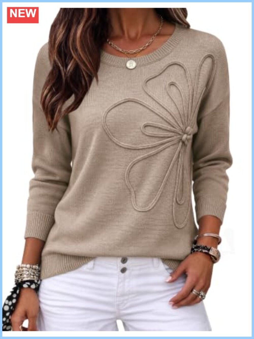 Women's 3D Floral Applique Knit Pullover Sweater Long Sleeve Crewneck